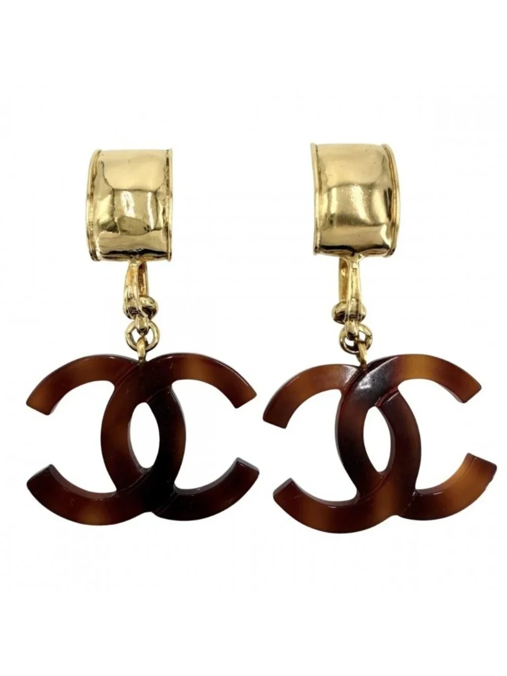 Chanel Earrings CC Logo Coco Swing Plastic Gold Plated Brown